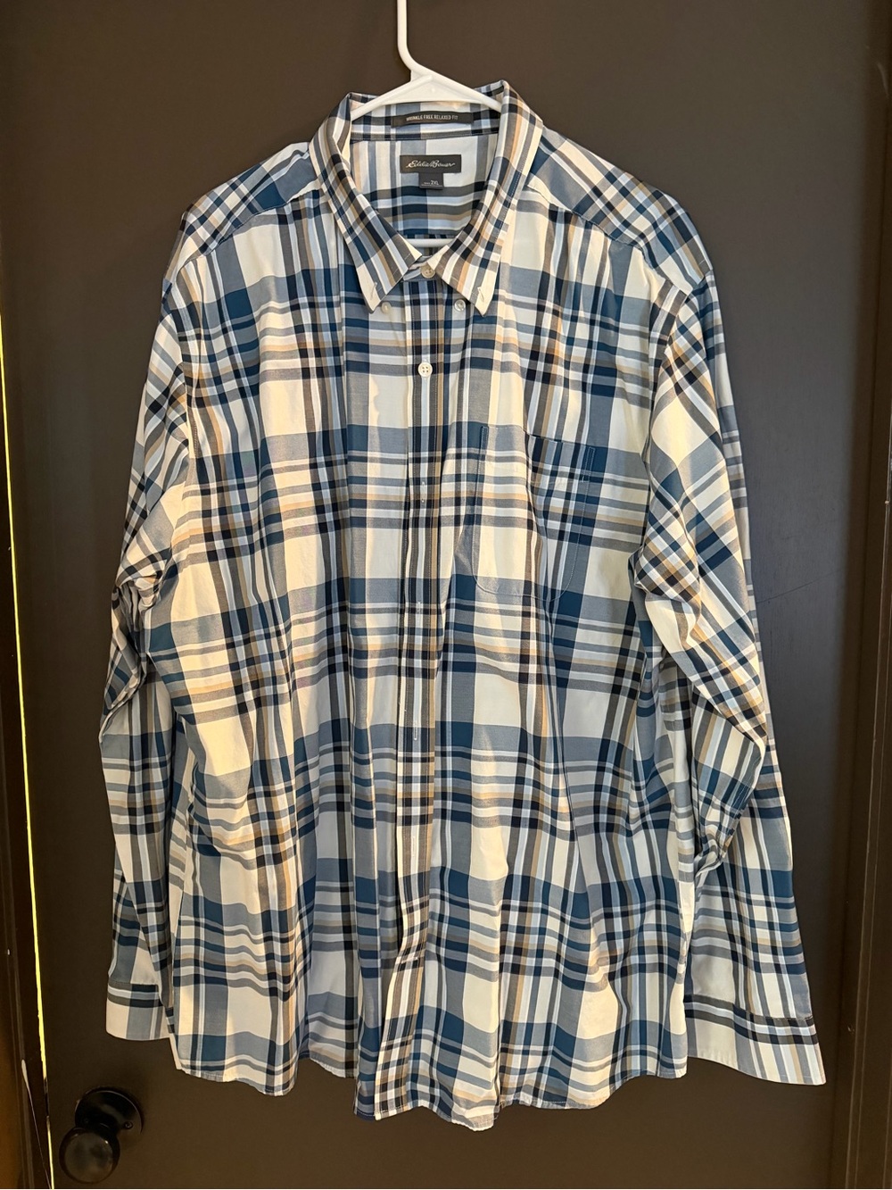 Eddie Bauer Men’s Navy and White Plaid Button-Down Shirt